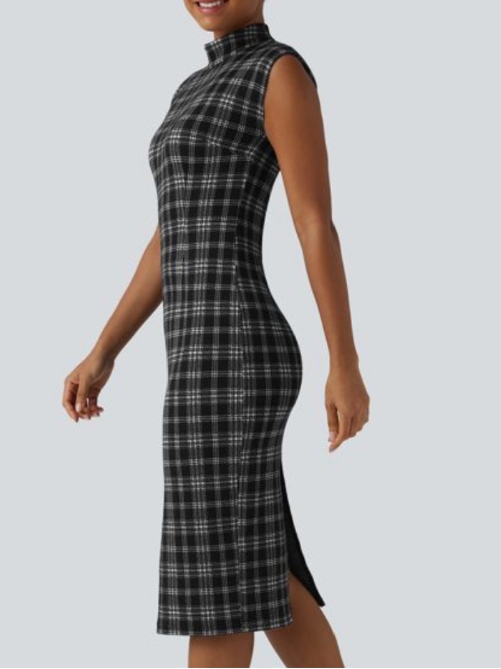 HALARA Black & White Plaid Sleeveless Mock Neck Midi Dress